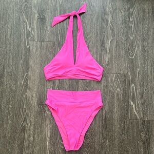 Bright pink Aerie bikini! Very flattering halter top and high waisted bottoms!
